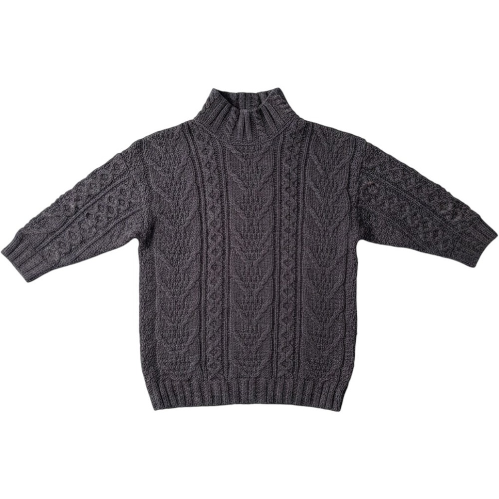 Inis Crafts Womens Charcoal Gray 100% Wool Cable Knit Mock Neck Sweater Small